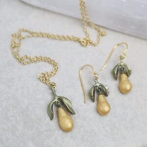 Golden Pear Drop Necklace and Earrings Set Artisanal Jewelry by Michael Michaud